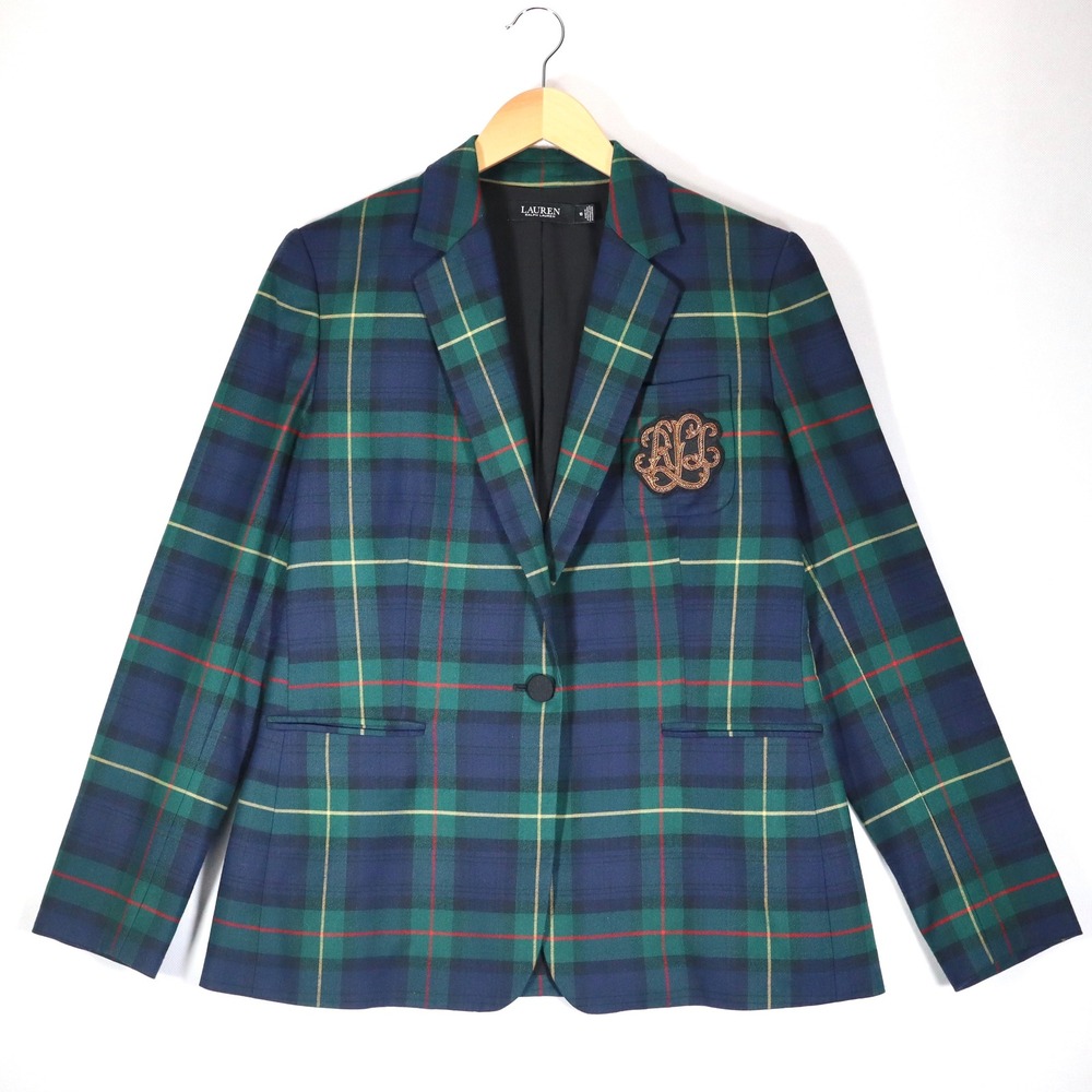 Lauren Ralph Lauren Blazer Womens 10 Green Plaid Crest Preppy Academic Career